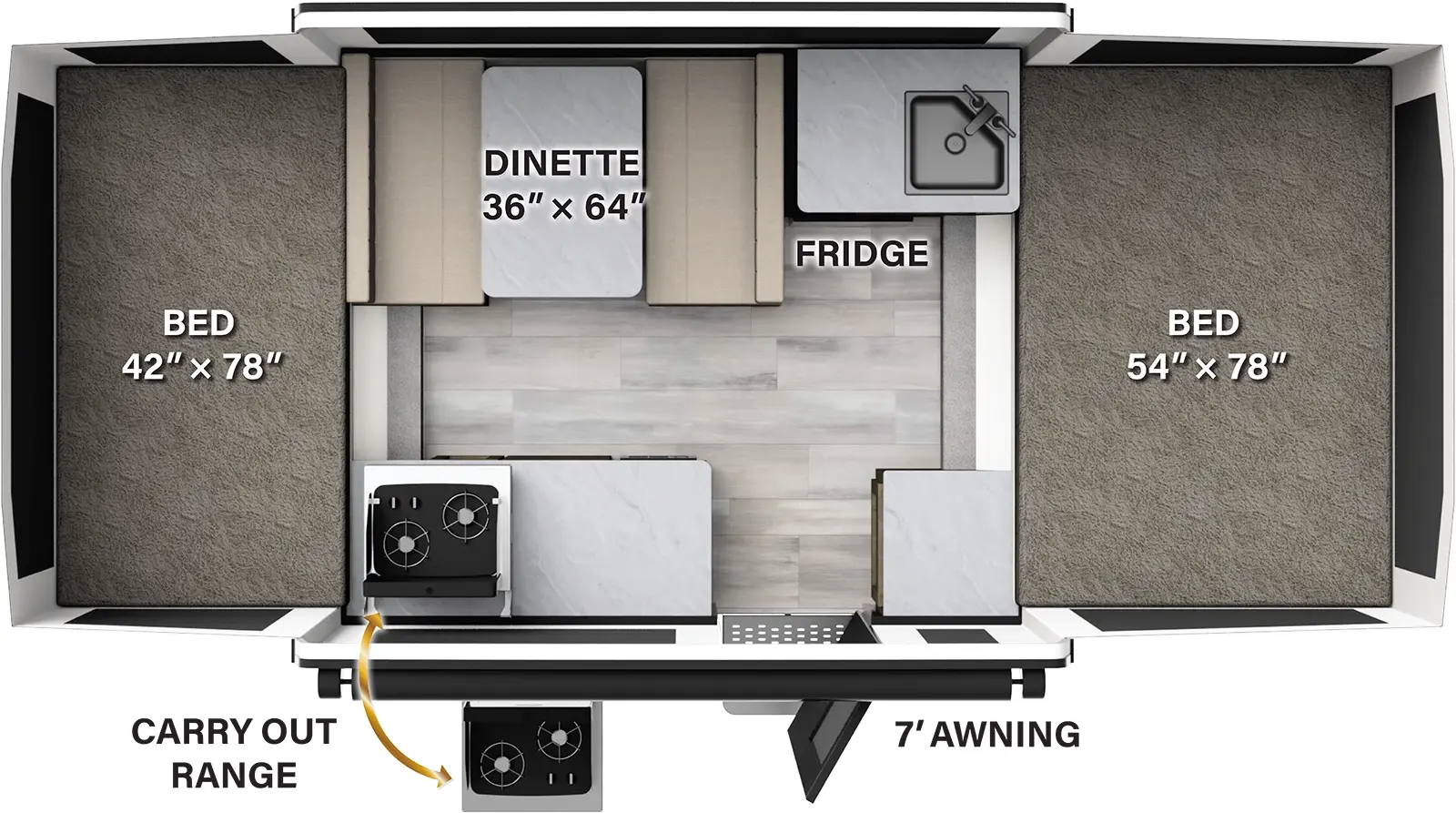 The 1640LTD has no slideouts and one entry door. Exterior features a 7 foot awning and a carry out range. Interior layout front to back: tent bed; kitchen area with sink, refrigerator, dinette, two cabinets, and a carry out range; rear tent bed.